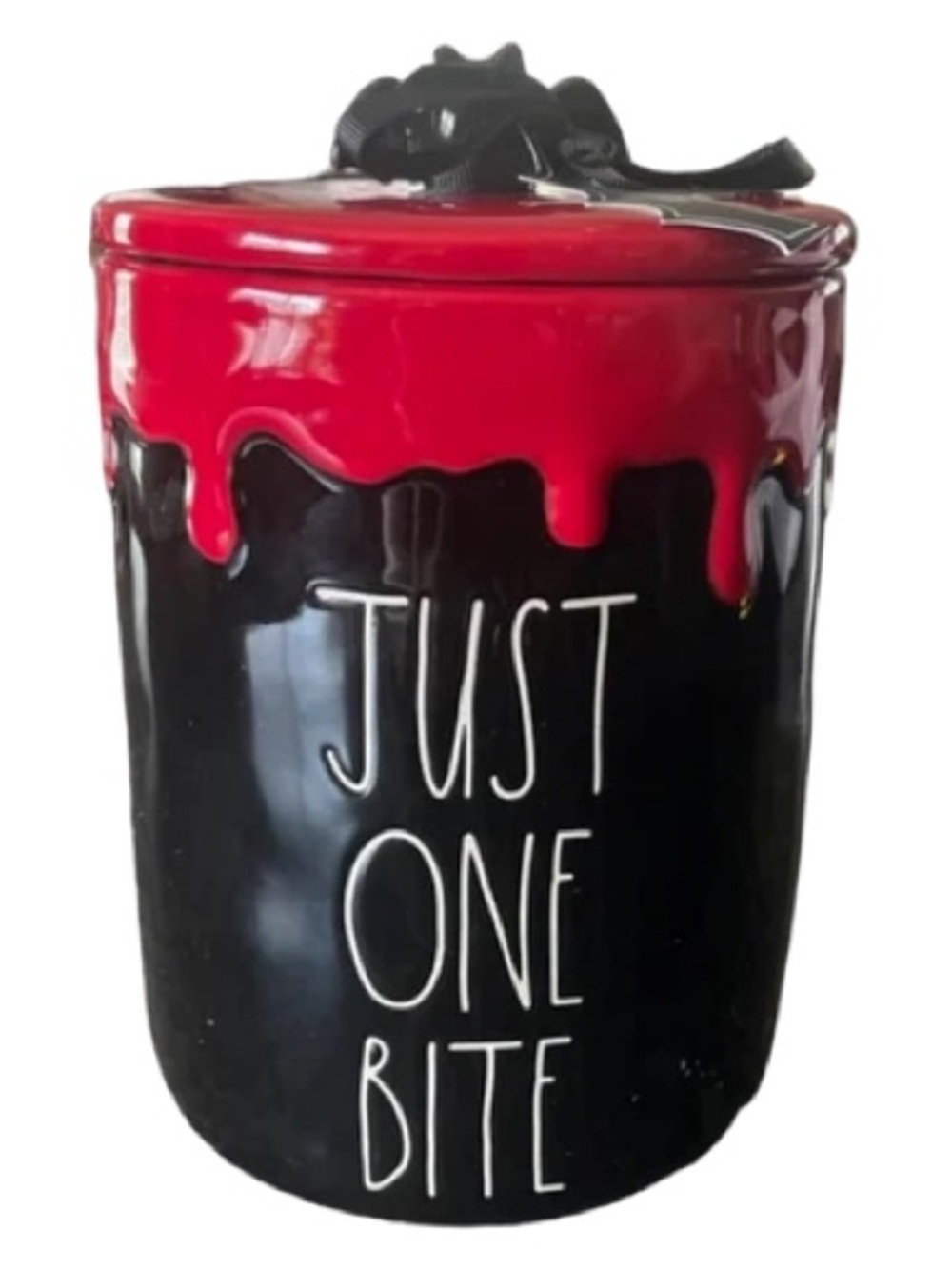 Rae Dunn Just One Bite Black Ceramic Jar with Red  blood Drip Lid